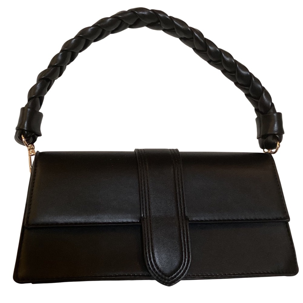 Moda Luxe Black Faux Leather Clutch Handbag Braided Top Handle Evening Bag - Picture 3 of 16